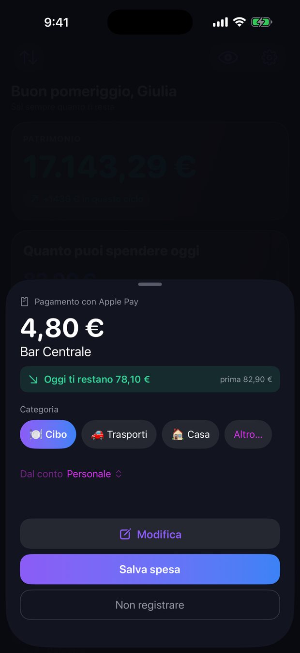 Una spesa pagata con Apple Pay arriva gi&agrave; compilata: si sceglie la categoria e si salva.