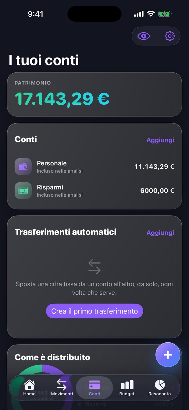 I tuoi conti: il patrimonio in cima e ogni conto con il suo saldo.